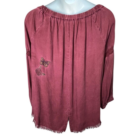 Standard Grace Butterfly Embroidered Boho Top  Size XL  Poet Sleeves Frayed Hem - Picture 2 of 12